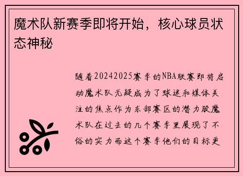 魔术队新赛季即将开始，核心球员状态神秘